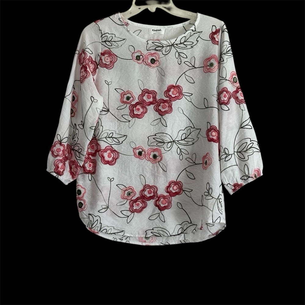Elegant Floral Women's 3/4 Sleeve Blouse Top Pink and White